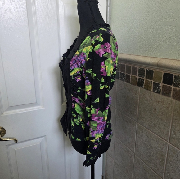 Betsey Johnson Vtg Punk Blk Button-Front Top Purple & Green Floral Panels Medium - Picture 4 of 8